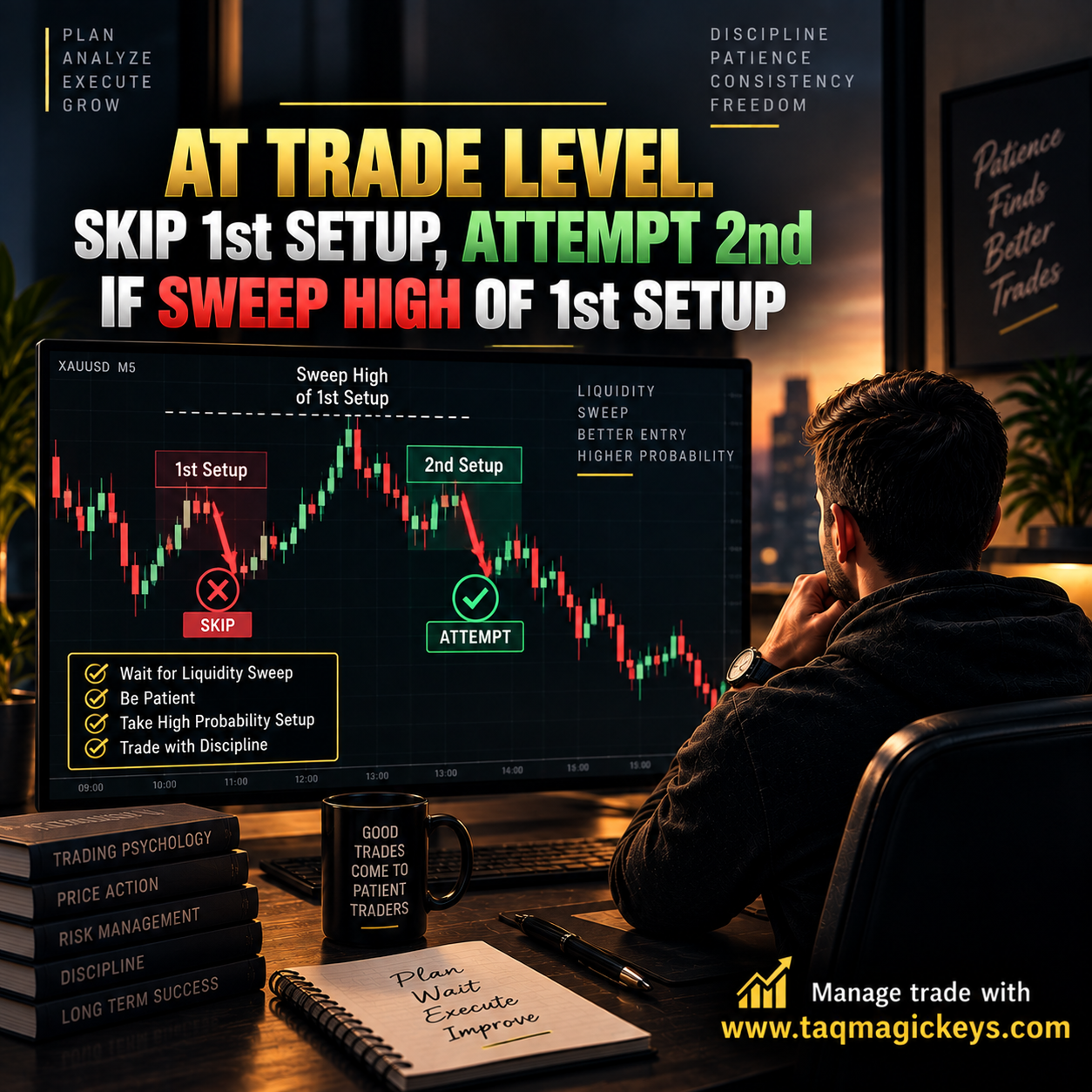 At Trade Level. Skip 1st Setup, attempt 2nd if sweep high of 1st setup